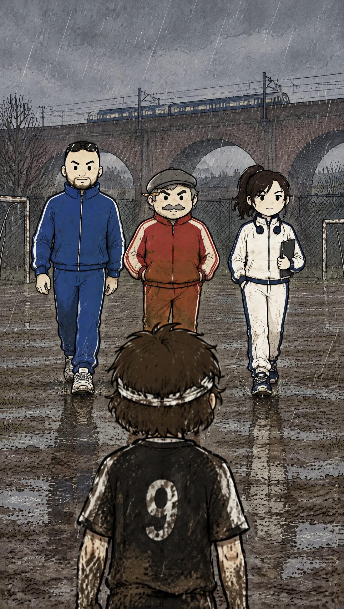 Three scouts in blue, red and white tracksuits walking across a rainy pitch